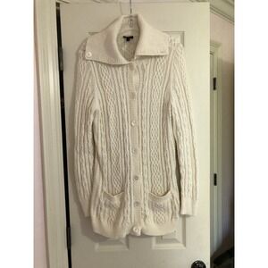 Vintage Talbots Chunky Cable Cardigan Sweater Cream Fisherman  Sz Medium Pockets